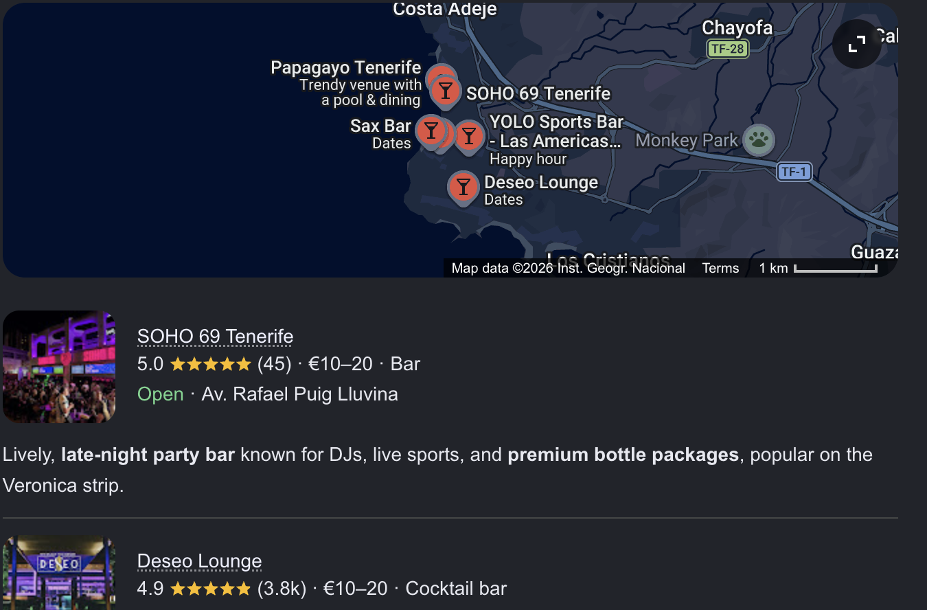 Soho69 Tenerife #1 in Google Map Pack — verified screenshot